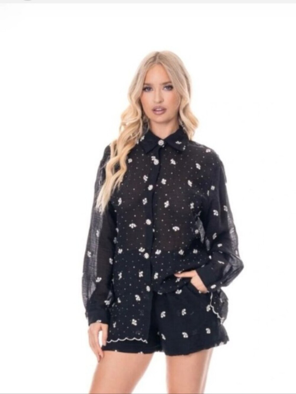 Black Embellished Sheer Button-Down Long Sleeve Blouse